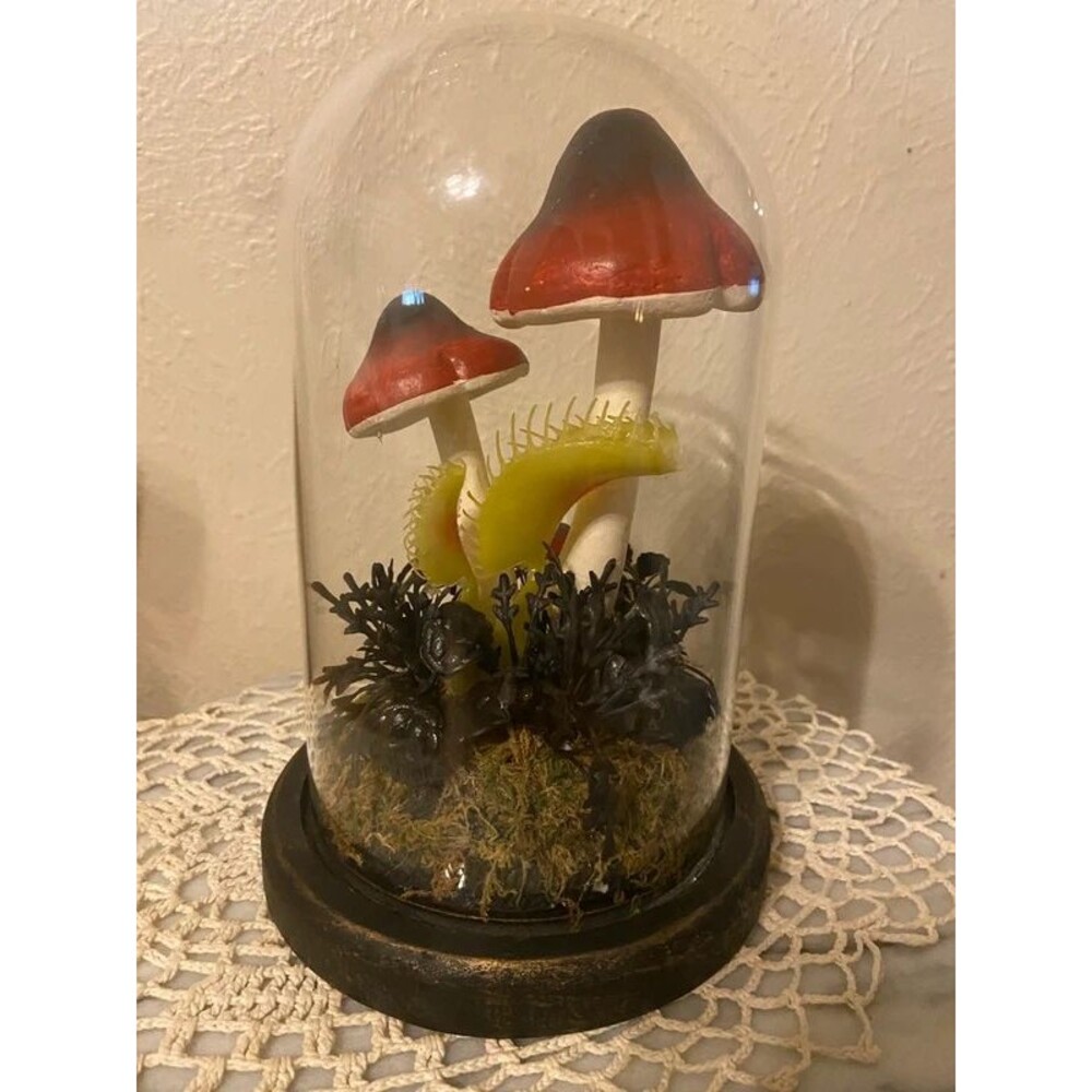 Gothic Mushroom Cloche Glass Terrarium 9" Whimsical Halloween Tabletop Decor